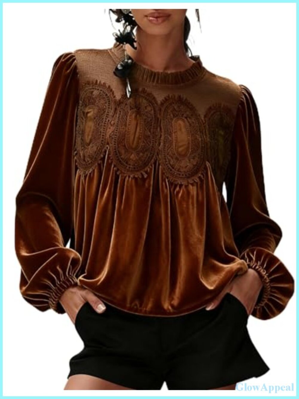 Faleave Velvet Lace Trim Blouse Long Sleeve Flared Swing Top